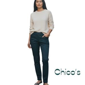 Chico’s Navy Green Diamond Print Slim Ankle Pants NWOT Size 6